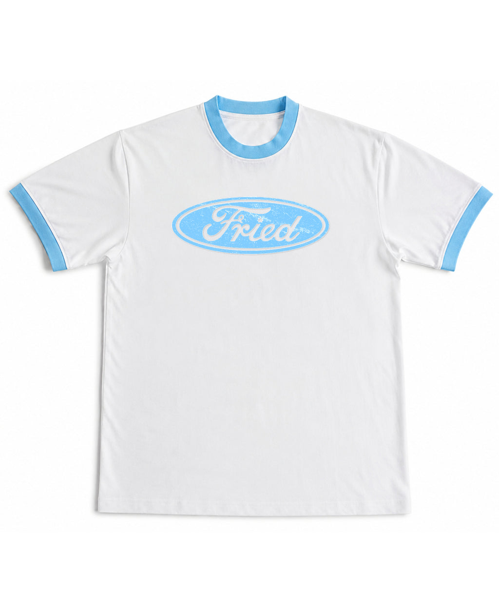 White & Sky Blue Ringer tee Front Design