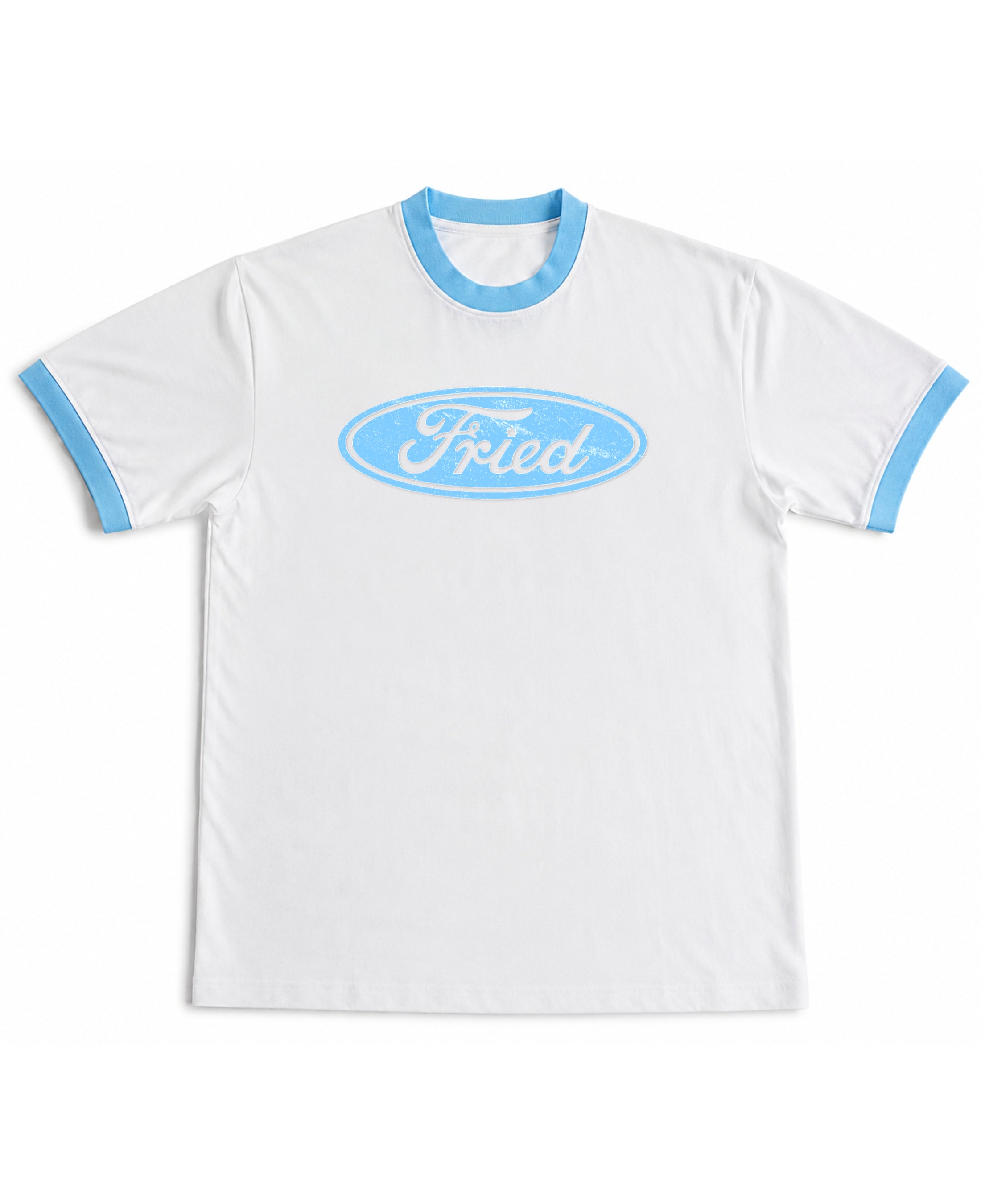 White & Sky Blue Ringer tee Front Design