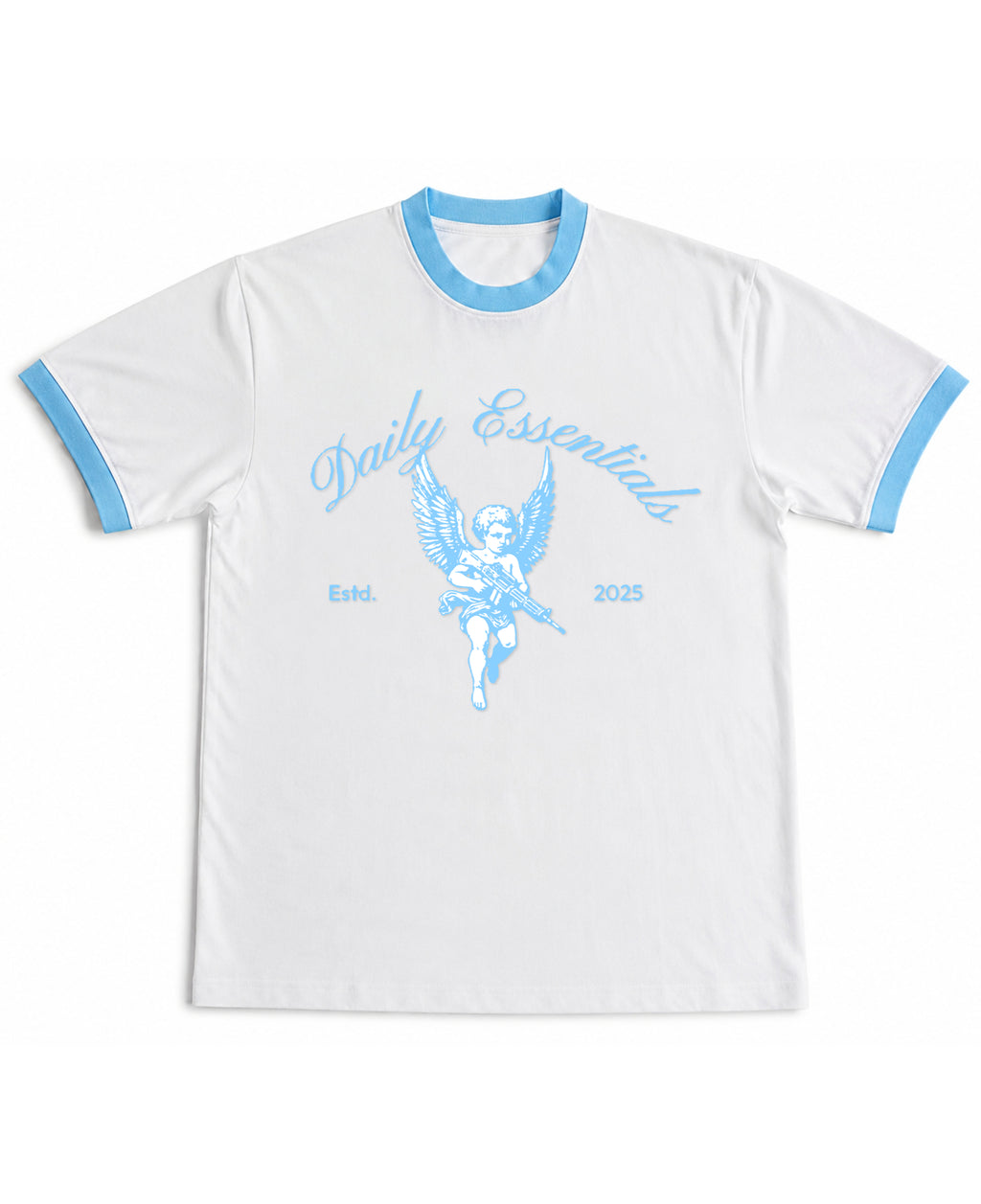 White & Sky Blue Ringer tee Front Design
