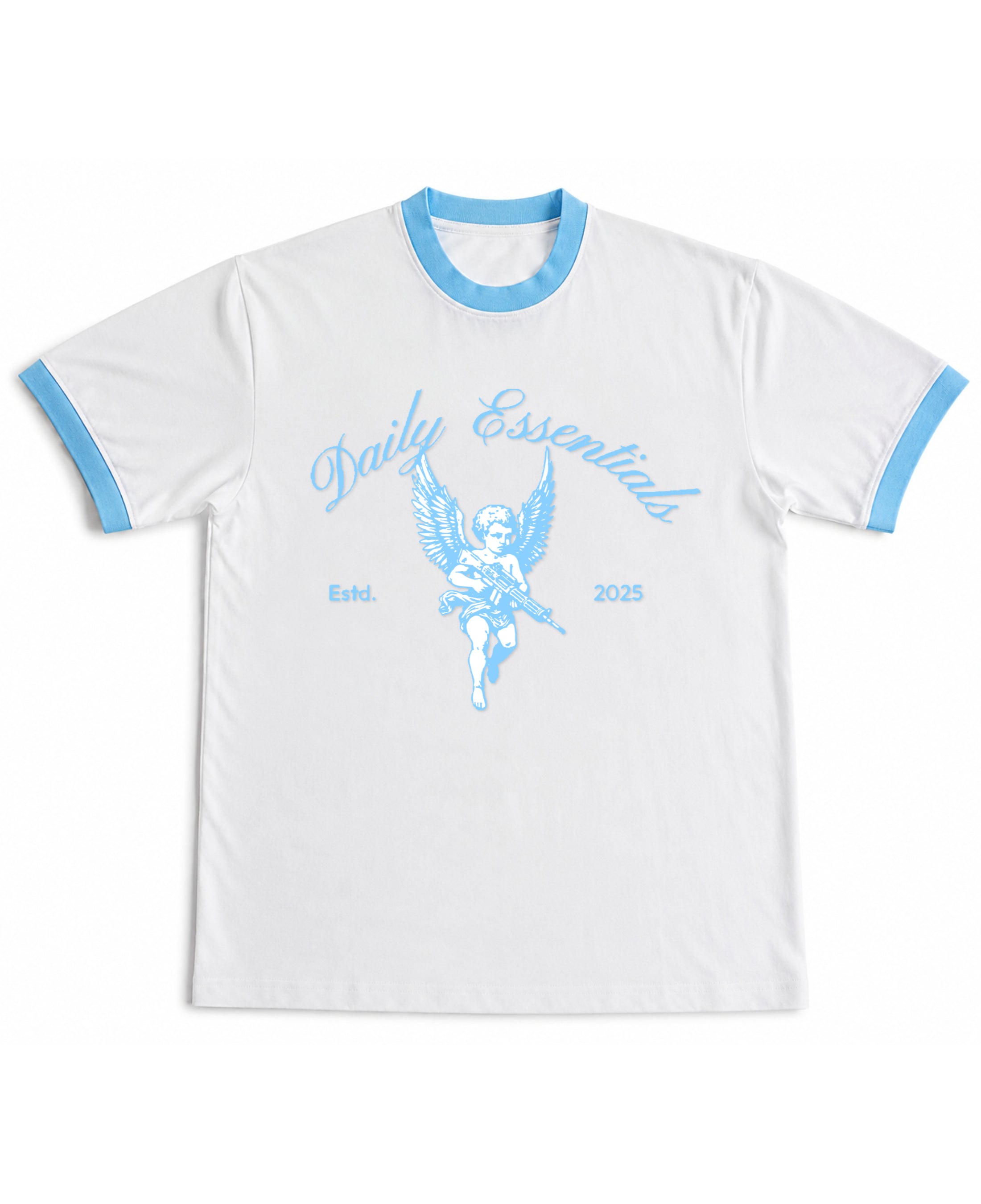 White & Sky Blue Ringer tee Front Design